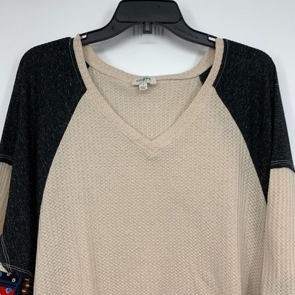 Umgee Top Waffle Knit Patchwork Flare Sleeve V Neck Tunic Pockets - Picture 3 of 11